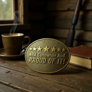 Vintage 80's NRA Brass Belt Buckle Proud Of It! Norman Foundry Dallas Texas USA